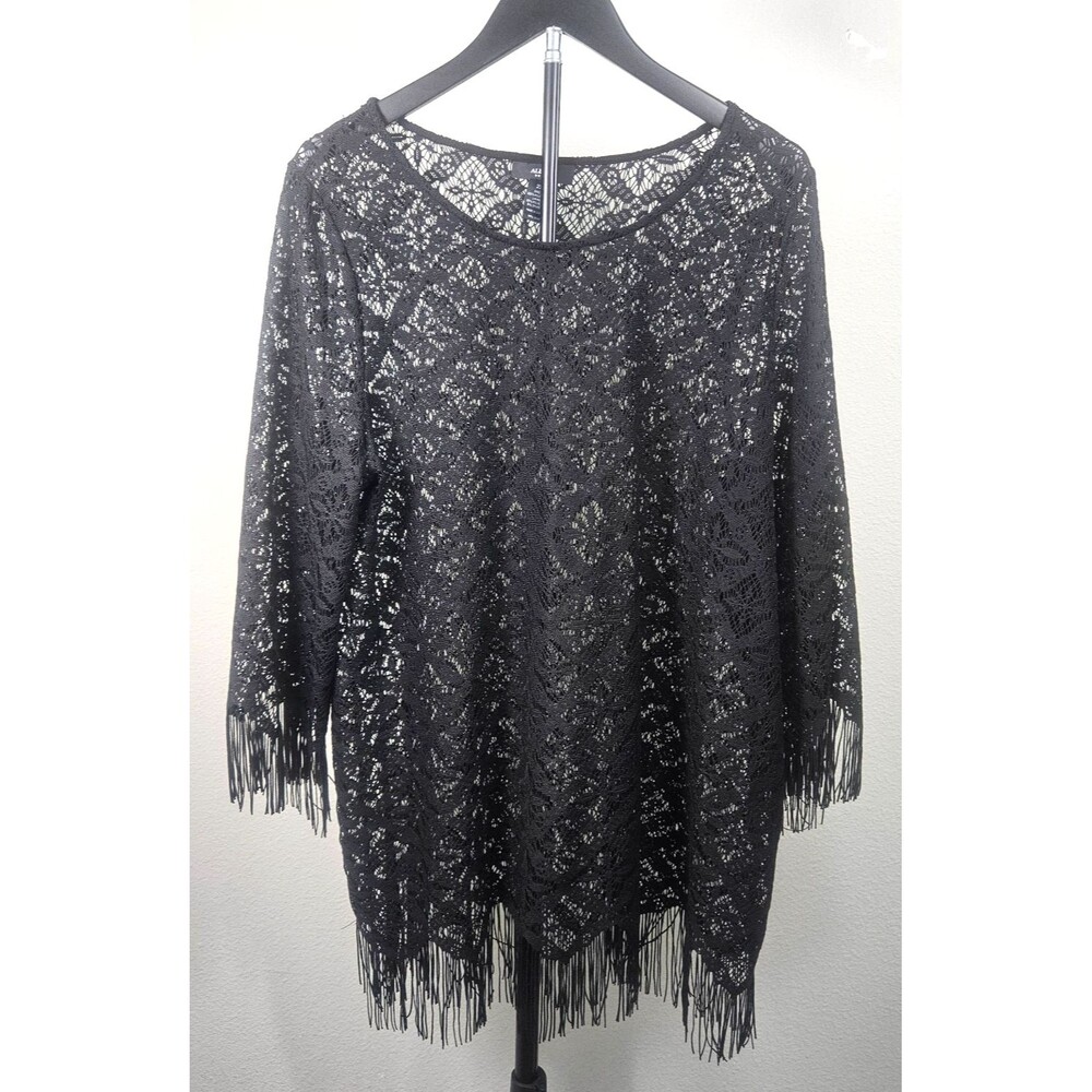 Alfani Woman 2X Black Crochet Lace Fringe Hem Tunic Top‎ Boho Festival Plus